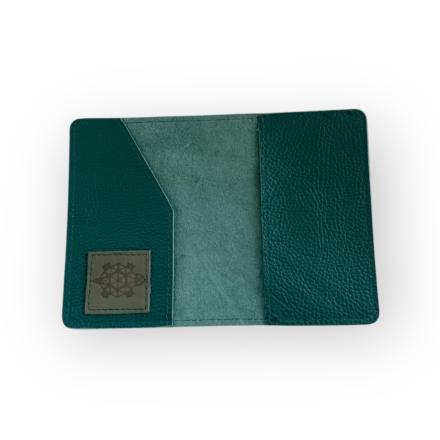 Green passport holder with a brand turtle logo on a white background