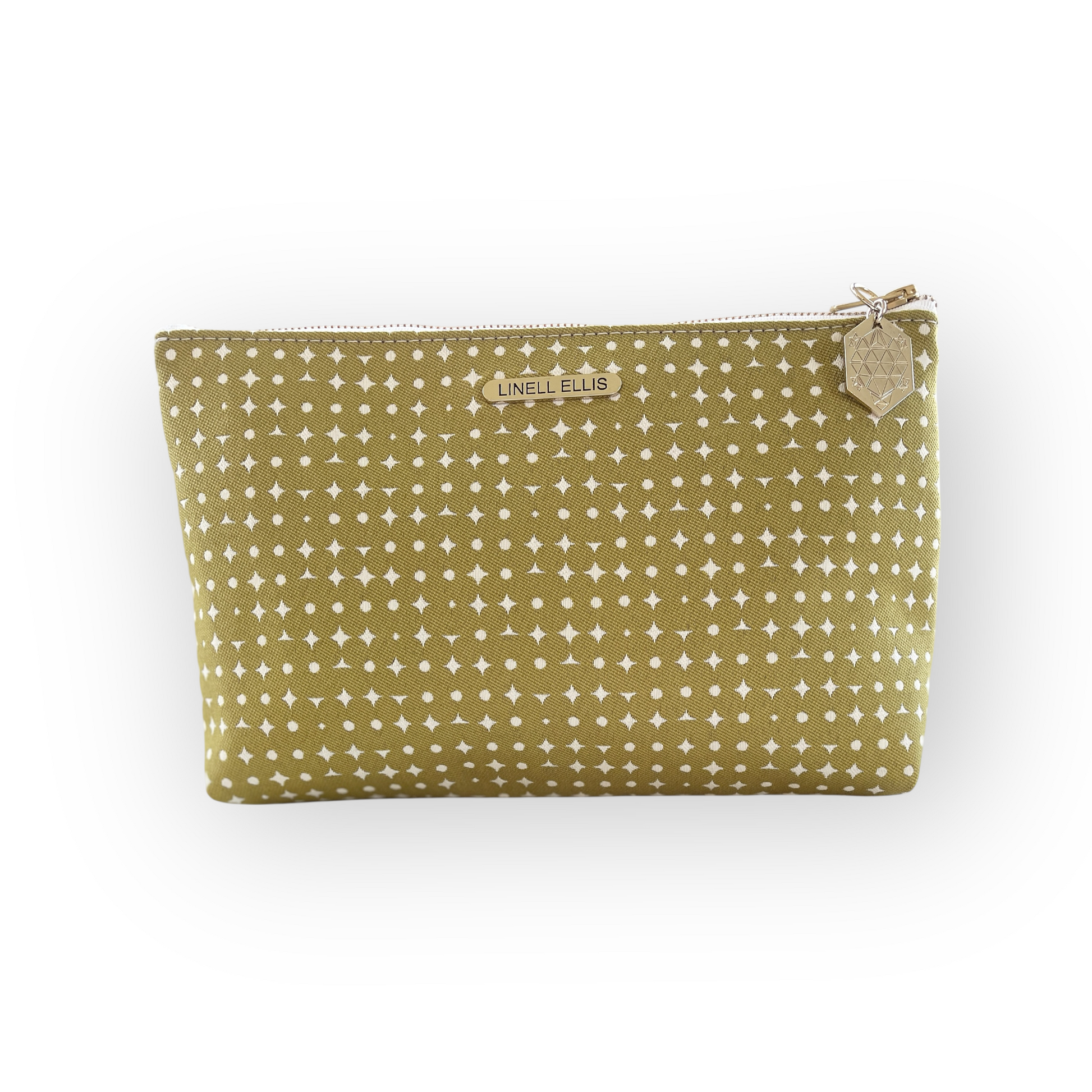 Green pouch with white pattern on a white background