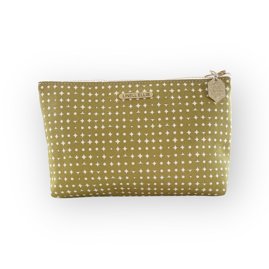 Green pouch with white pattern on a white background