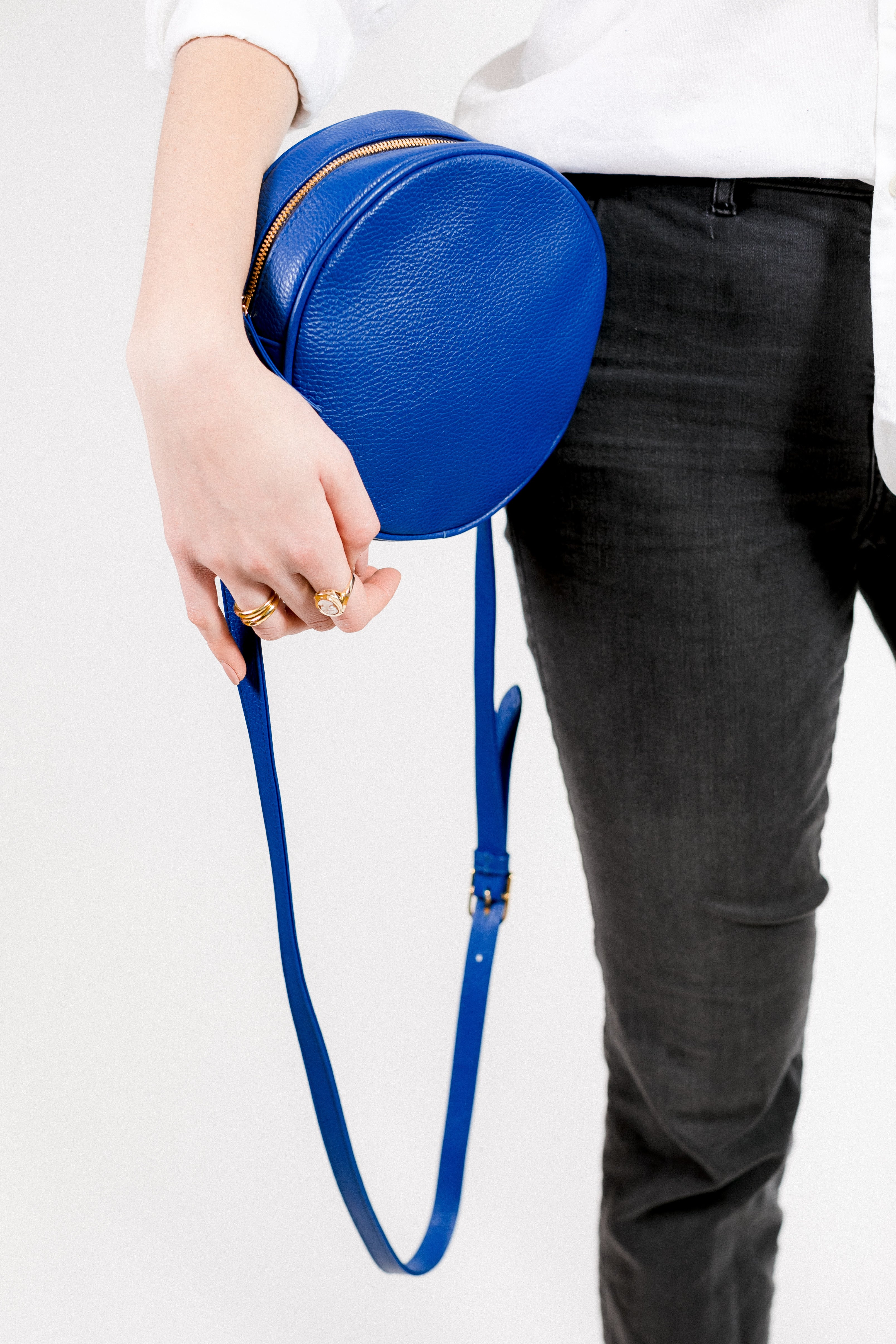 B & Floss Rome Round Circle Crossbody Bag In Navy Blue With