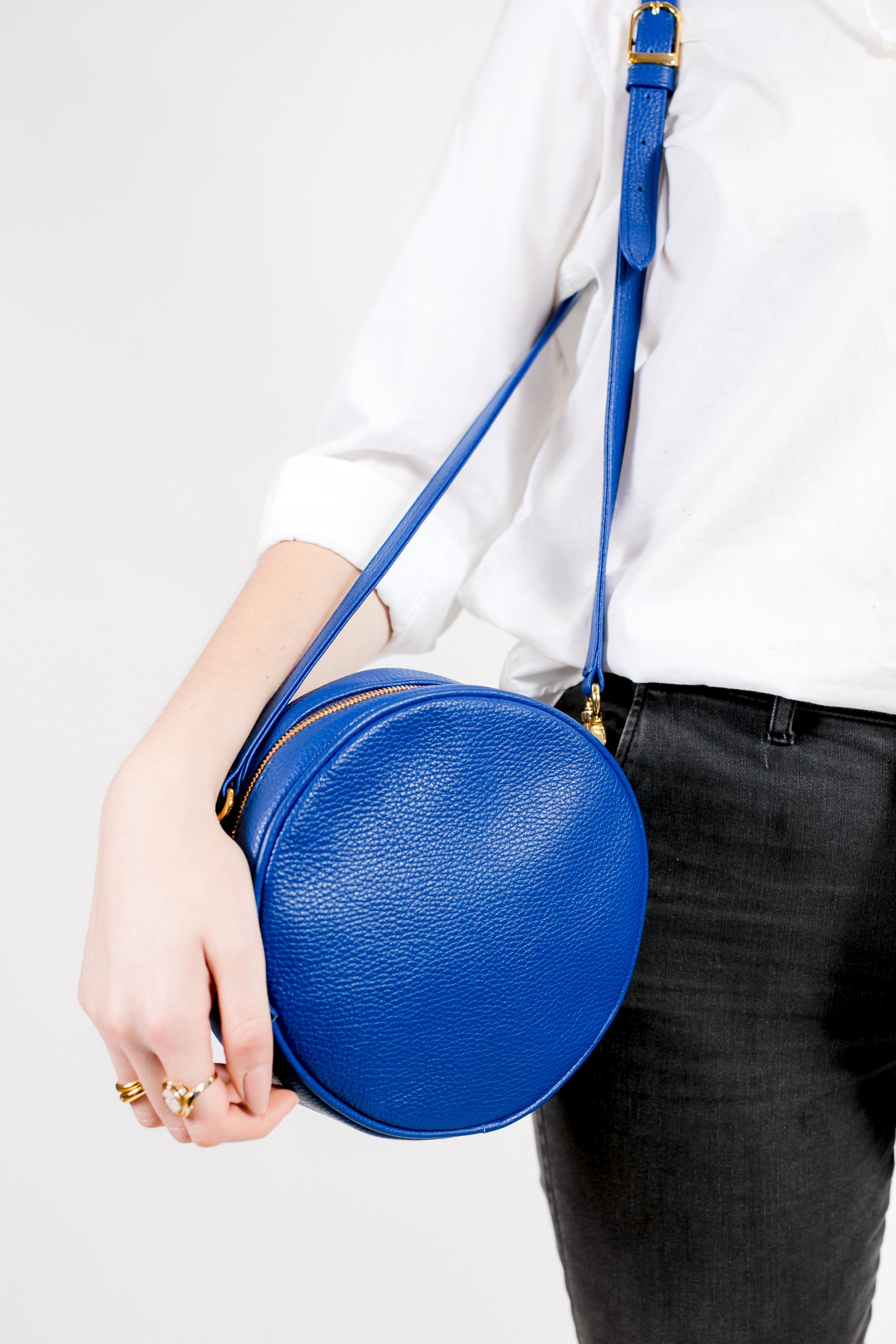 B & Floss Rome Round Circle Crossbody Bag In Navy Blue With